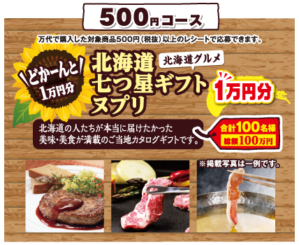 500円コース　どかーんと1万円分　北海道グルメ　北海道七つ星ギフトヌプリ　合計100名様（総額100万円）　北海道の人たちが本当に届けたかった美味・美食が満載のご当地カタログギフトです。